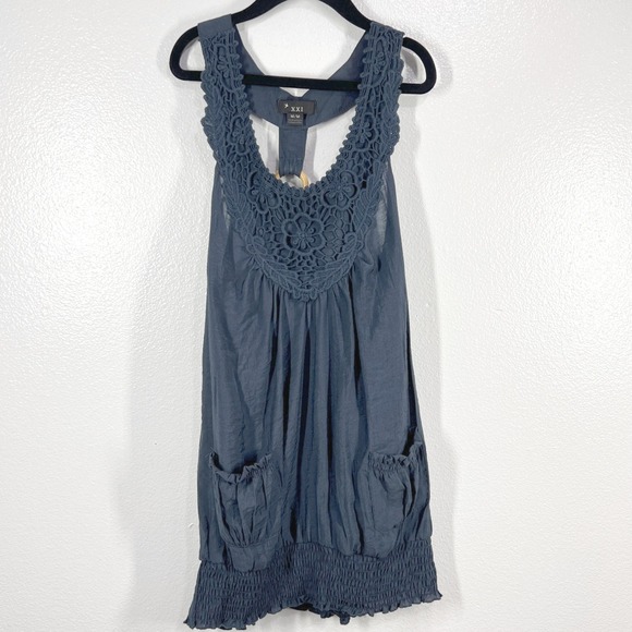 XXI Crochet High Neck Top Sleeveless Pockets Medium  Navy Y2K Style Babydoll‎ - Picture 1 of 10
